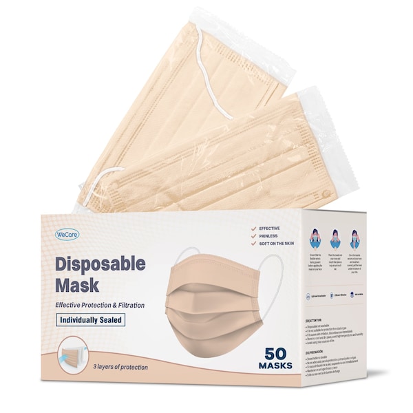 Wecare Individually Wrapped Face Masks, Nude, 50PK WC-WMN100023-ND-FACE-MASK-50PK-1